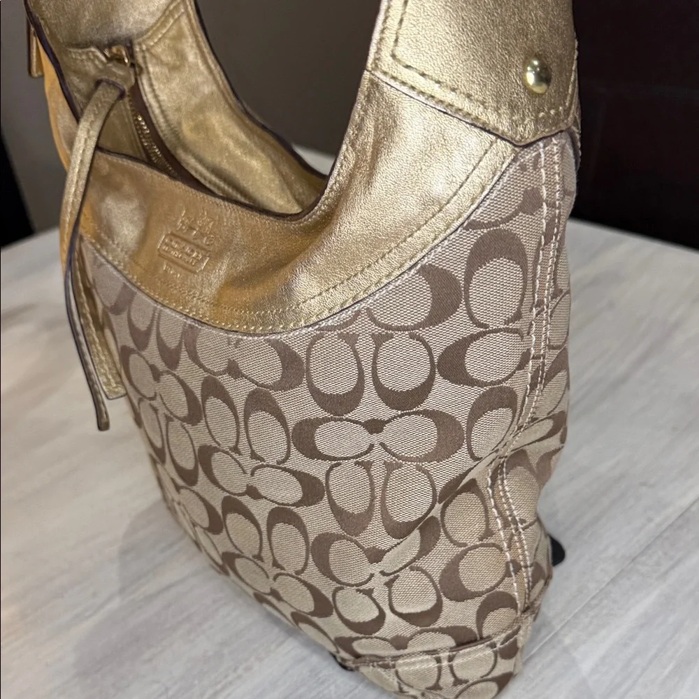 Coach Bleeker Signature Gold and Tan Hobo Bag- EUC
